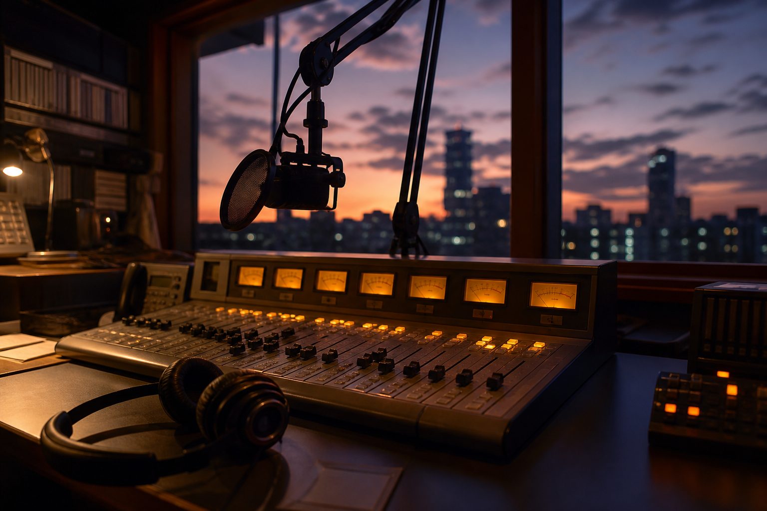 Community radio booth at dusk